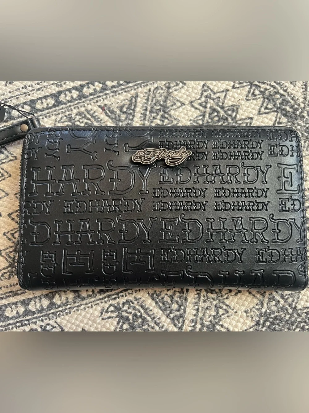 Ed Hardy Black Embossed Logo Zip Wallet with Tag